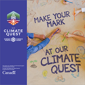 Climate Quest information with three childrens hands colouring a large sheet of brown paper.