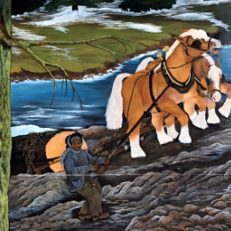 Public art panel depicting Black pioneers logging along the Nottawasaga River