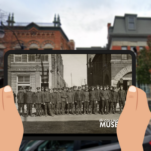 WWWI era photograph of soldiers superimposed over present day image of same spot