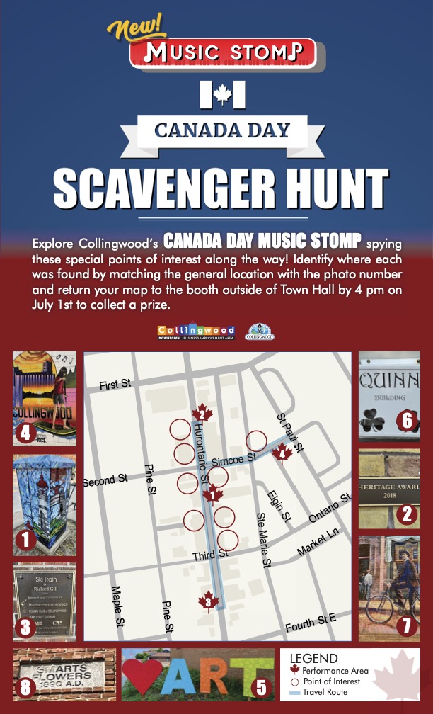 collage of images and a map promoting a canada day scavenger hunt