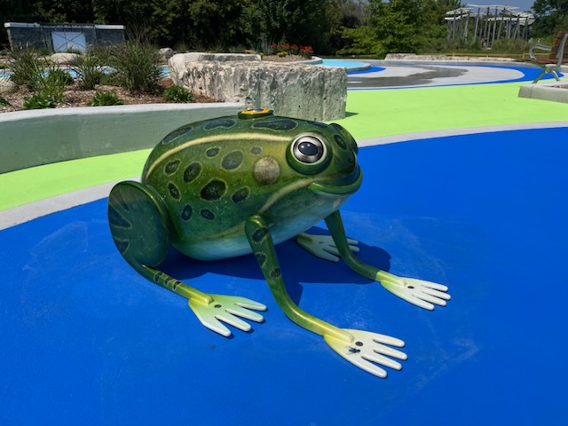image of a frog sculpture at the Awen' Waterplay Area