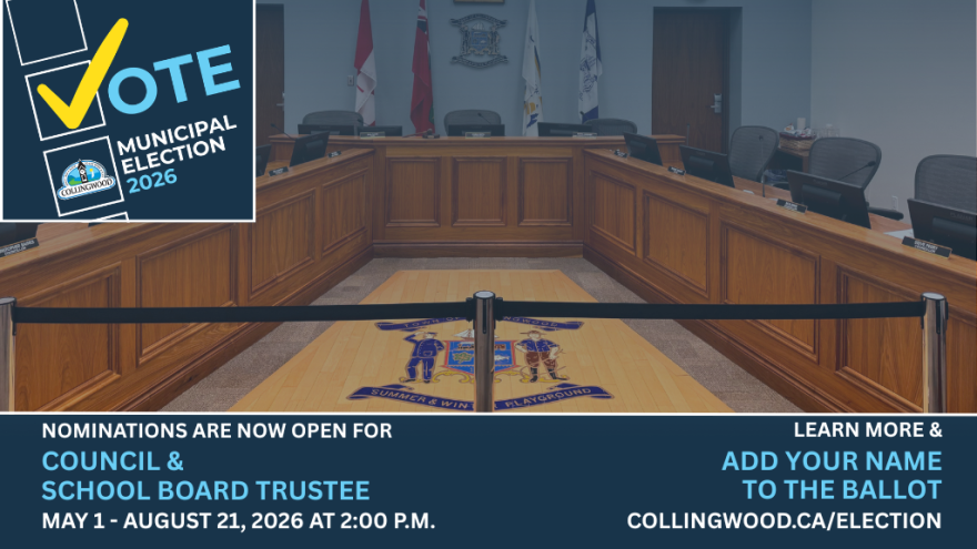 council chambers with text information about the 2026 municipal election