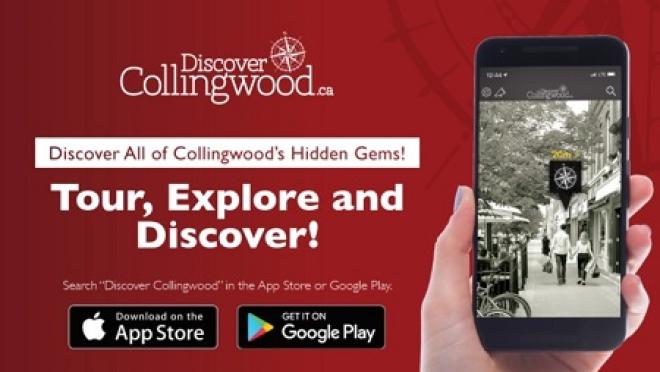 a hand holding a cell phone displaying the discover collingwood app in use