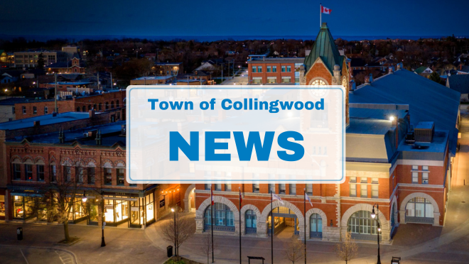 Town hall aerial with text "Town of Collingwood NEWS"