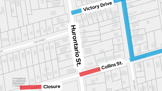 Temporary road closure map. Collins street from Hurontario to Tim Hortons Entrance