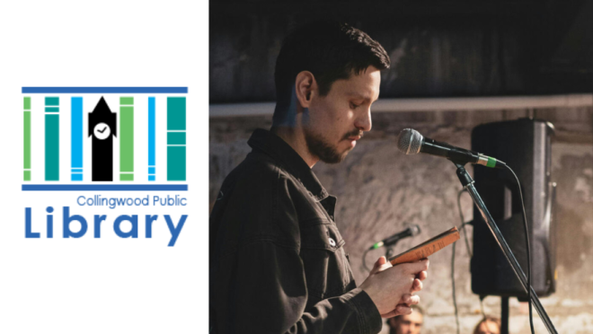 A person reads from a book into a microphone on a stage.