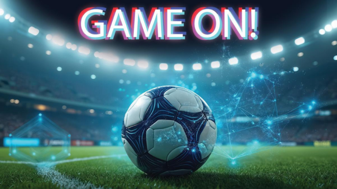 A soccer ball sits on a grassy field in a stadium at night