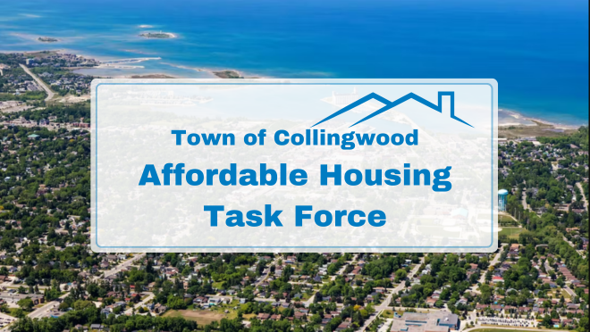 Aerial view of Collingwood with a banner reading “Town of Collingwood Affordable Housing Task Force” and a blue house roof icon.