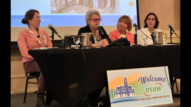 Affordable housing panel featuring Rachelle Hamelin, Marg Scheben-Edey, Deb Doherty, and Claire de Souza at the Ontario Small Urban Municipalities Conference.