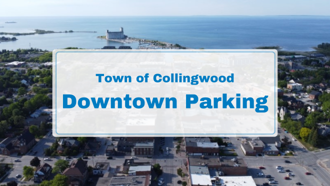 aerial of downtown collingwood with georgian bay and the terminals in the background