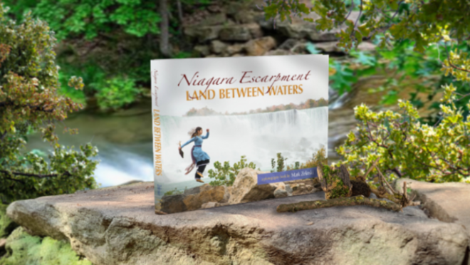 Land Between Waters book on a rock