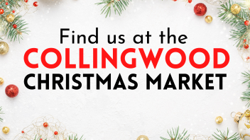 Pine tree branches and red and gold ornaments frame text about event