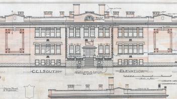 Colourful drawings depict the front of the building.