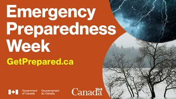 Emergency preparedness week graphic with pictures on the right side depicting a lightning strike and a flood.