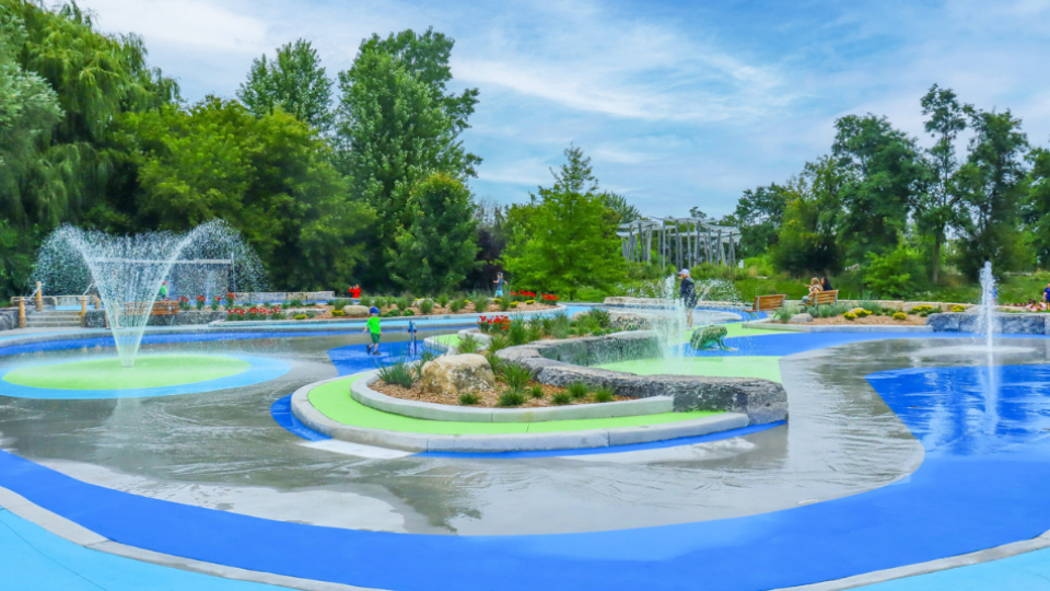 a waterplay splash pad in full operation