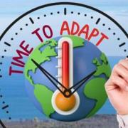 A globe with a thermometer inside a clock that says "TIME TO ADAPT." A hand draws the clock over a background of water and land.