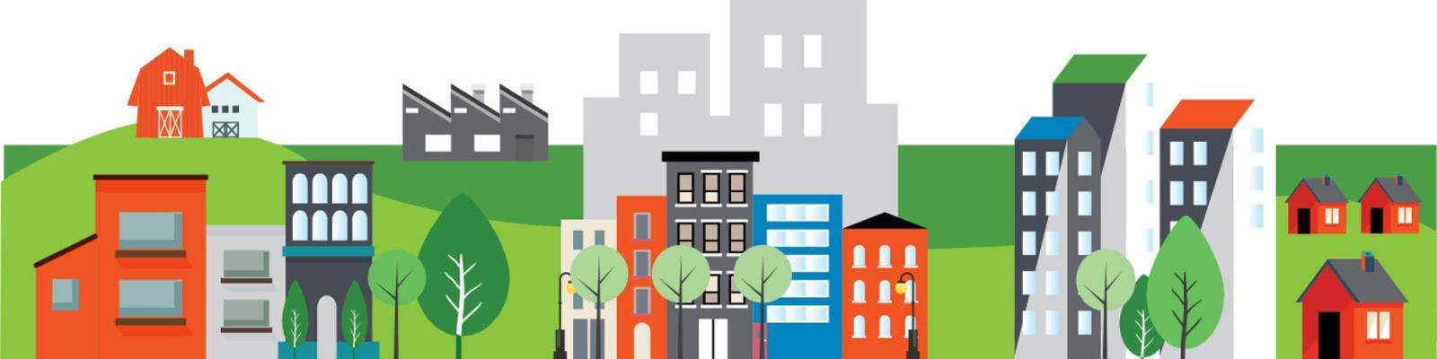 illustration of various sized buildings, grass, and trees