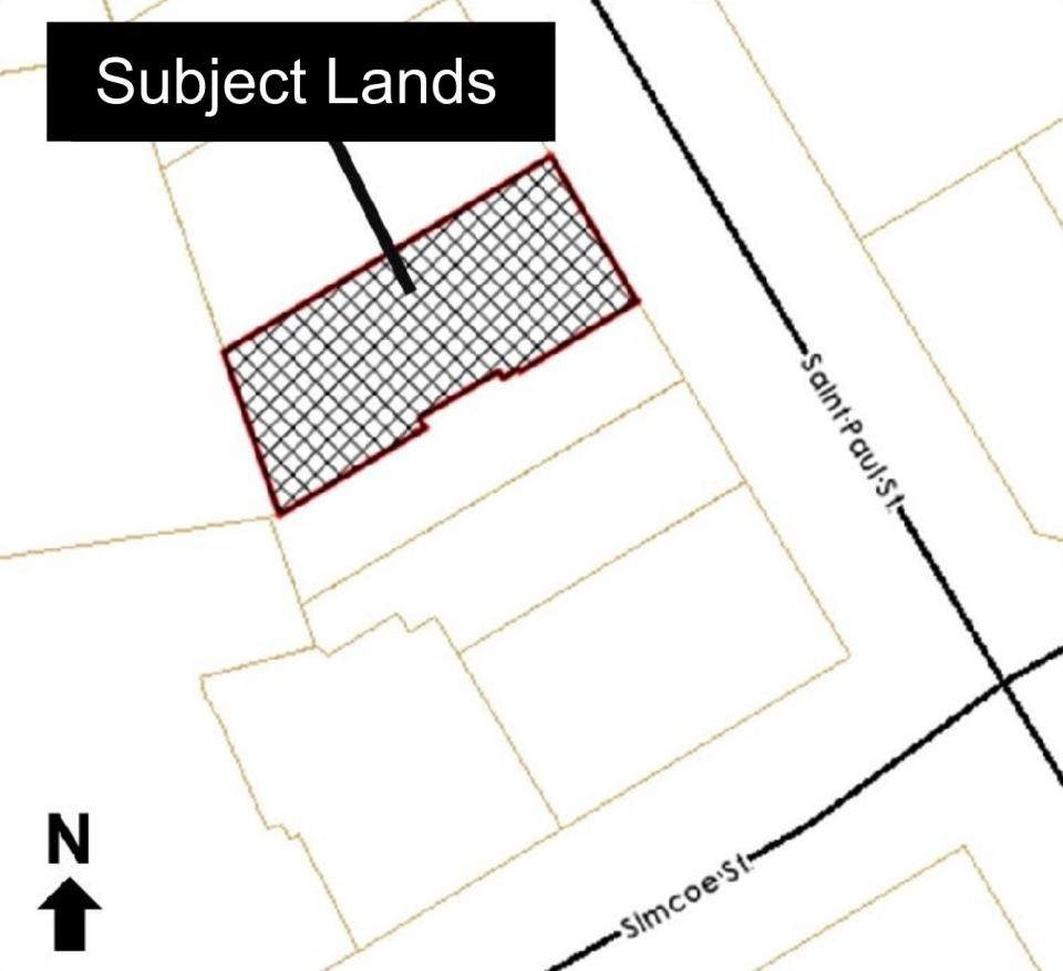 map of subject lands on Saint Paul St north of Simcoe St
