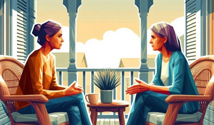 two women sitting and talking