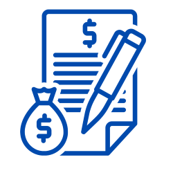 Paper, pen, and moneybag icons.
