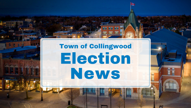 aerial of town hall at dusk with text Town of Collingwood Election News