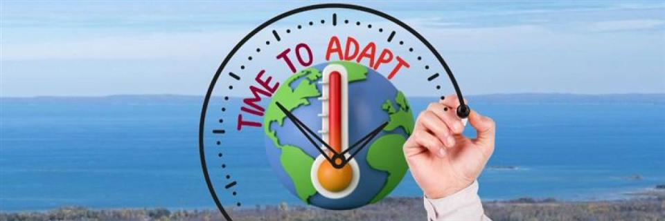 A globe with a thermometer inside a clock that says "TIME TO ADAPT." A hand draws the clock over a background of water and land.