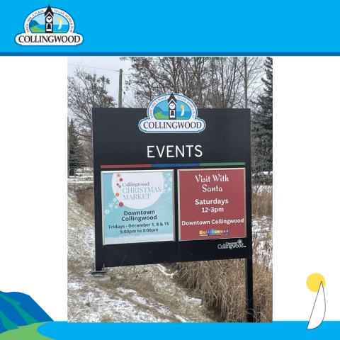 Roadside sign displaying information for different events in Collingwood