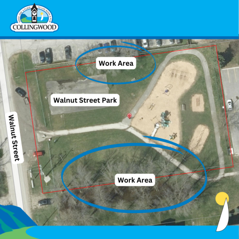 aerial map of walnut street park with work areas circled