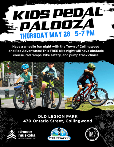 Kids Pedal Palooza poster which has kids biking. Thursday May 28 from 5 p.m. to 7 p.m. free event at 470 Ontario Street Old Legion Park
