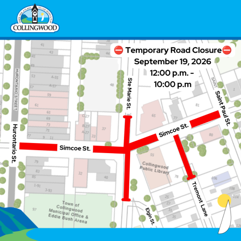 Map of road closure on Simcoe Street
