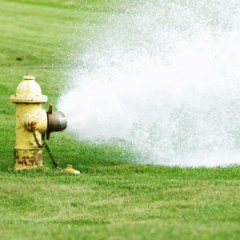 yellow fire hydrant spraying water