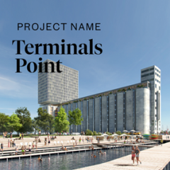 photo rendering of the Collingwood Grain Terminals with text overlaid "Terminals Point"