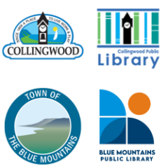 collage of 4 logos: Town of Collingwood, Town of The Blue Mountains, Collingwood Public LIbrary, Blue Mountains Public Library