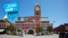 Collingwood Town Hall on a blue sky day with a graphic overlaid that says "Join Our Team"