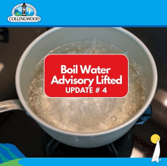 pot of boiling water with notice that boil water advisory has been lifted