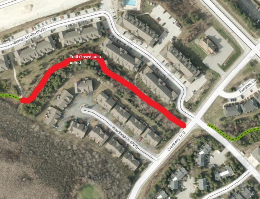 aerial map featuring a closed section of brandy lane trail, highlighted in red