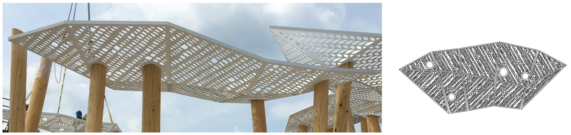 Photograph and diagram of a laser-cut steel canopy from the Awen's gathering place with a pattern representing overcanopy species like Maple, Beech, Walnut, Hickory