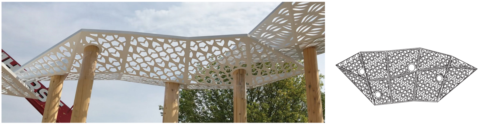 Photograph and diagram of a laser-cut steel canopy from the Awen's gathering place with a pattern representing understory species like apple tree, chokecherry tree, hawthorn tree