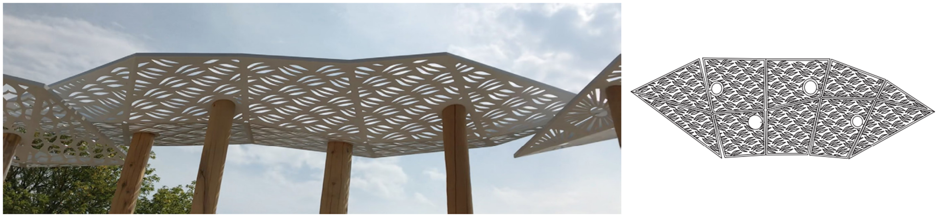 Photograph and diagram of a laser-cut steel canopy from the Awen's gathering place with a pattern representing shrub species like sumac, blueberries, raspberries