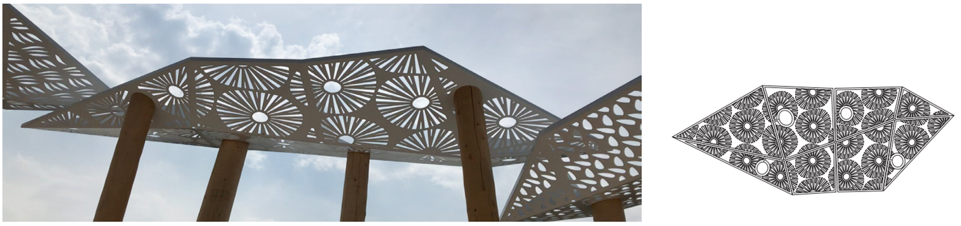 Photograph and diagram of a laser-cut steel canopy from the Awen's gathering place with a pattern representing ground species like mushroom, poison ivy, fly agaric