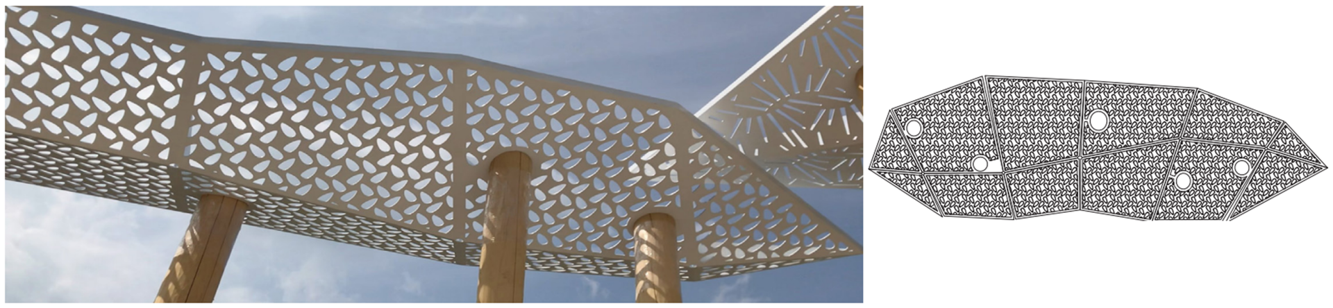 Photograph and diagram of a laser-cut steel canopy from the Awen's gathering place with a pattern representing herb species like sorrel, comfrey, wild strawberry