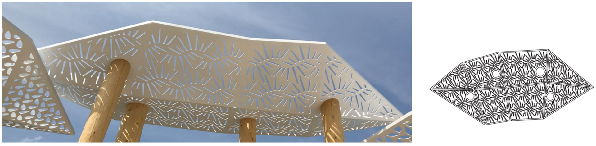Photograph and diagram of a laser-cut steel canopy from the Awen's gathering place with a pattern representing root species like wild onion, wild garlic, American ginseng