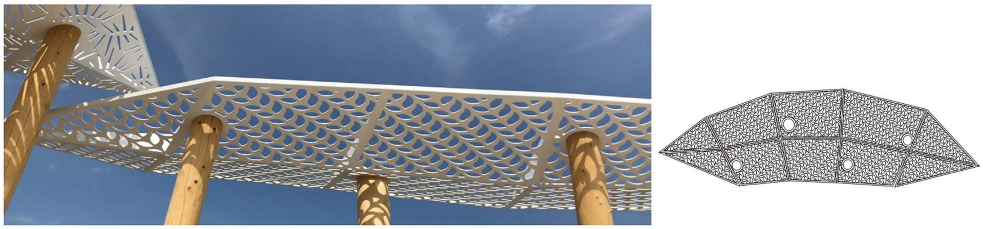 Photograph and diagram of a laser-cut steel canopy from the Awen's gathering place with a pattern representing vine species like riverbank grapes, groundnut