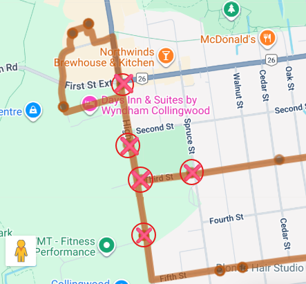 Map of West Route Stops not serviced during constructions