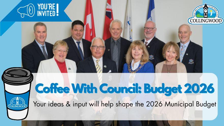 group Council photo. Text: Coffee with Council: Budget 2026
