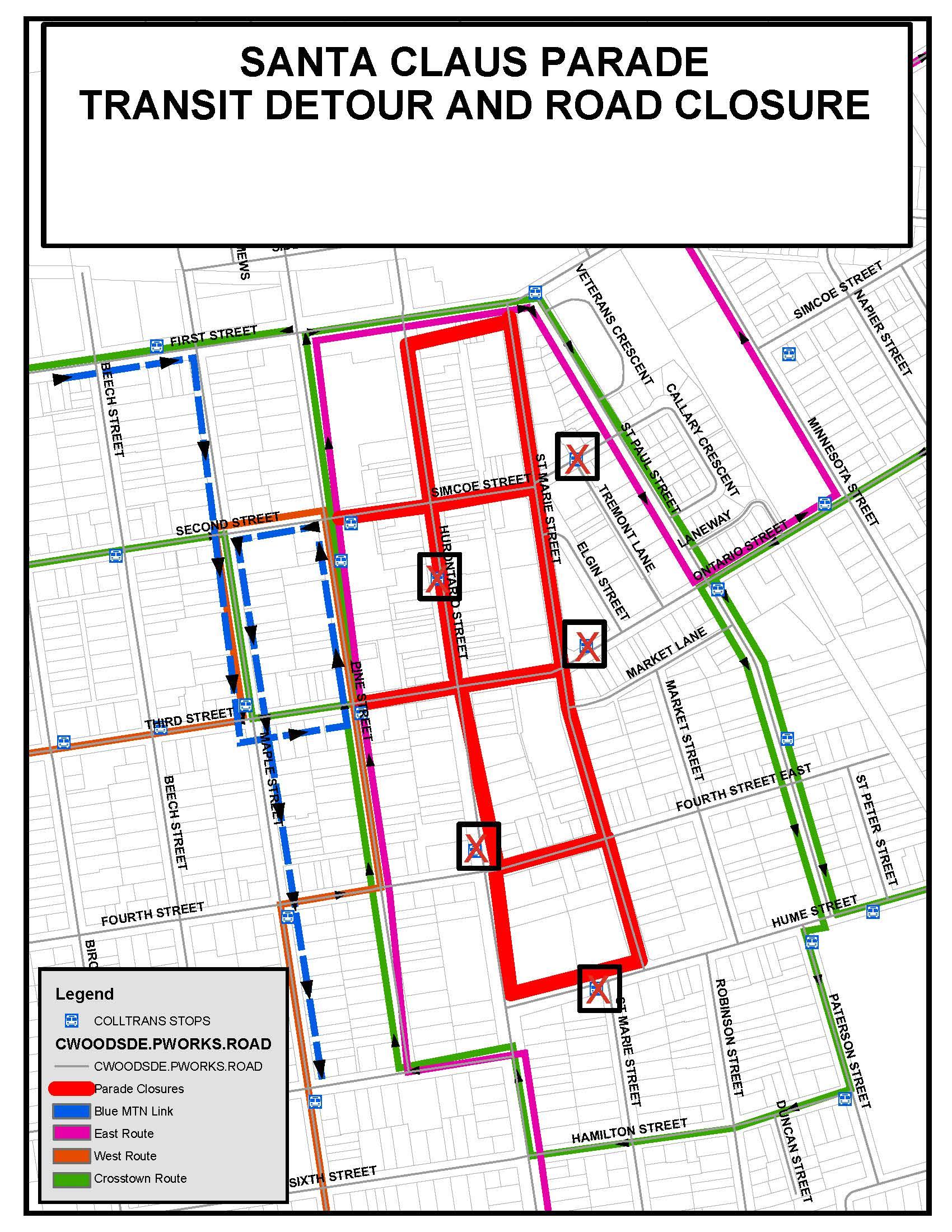Santa Claus Parade road closures and Transit Detour Map 