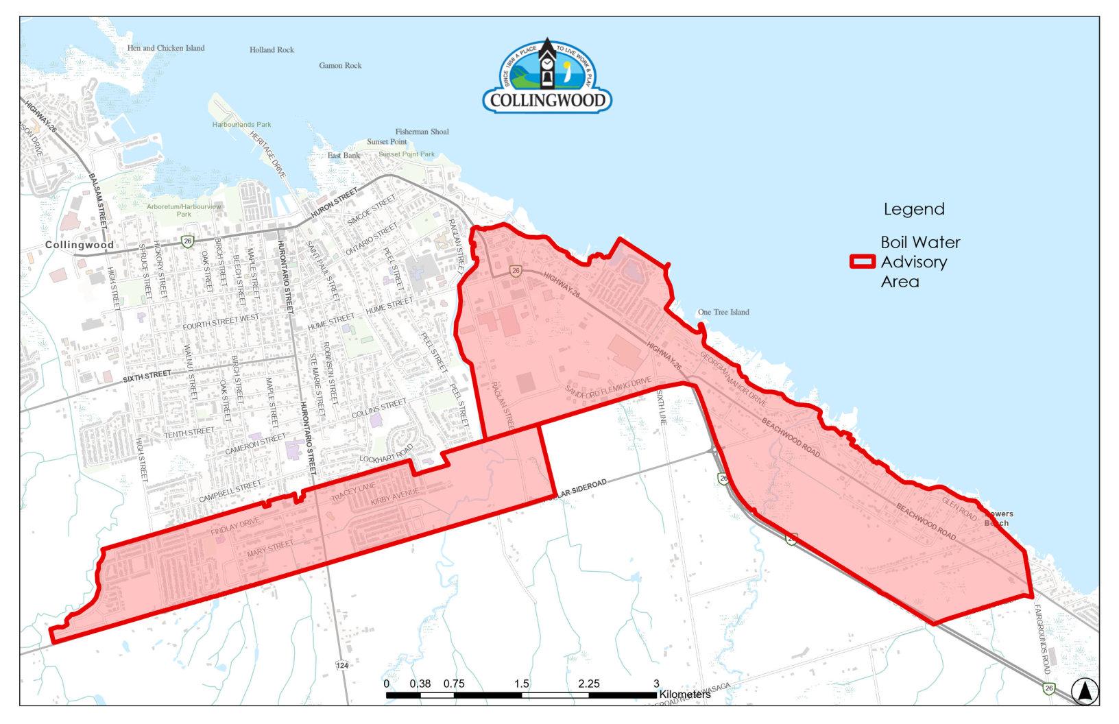 Map of affected areas of Collingwood under boil water advisory 