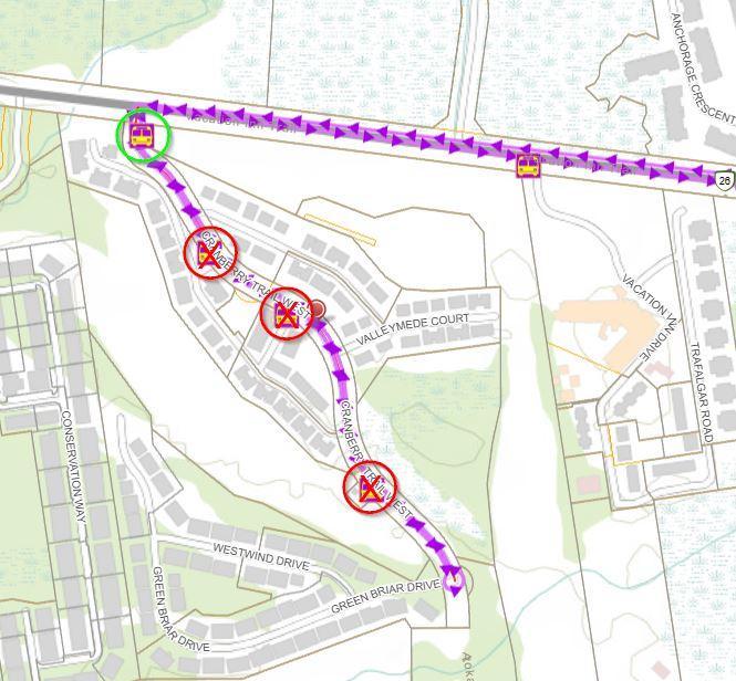 Top down map view of displaying all bus stops on Cranberry Trail East are out of service. Stop available at Highway 26 and Cranberry Trail East
