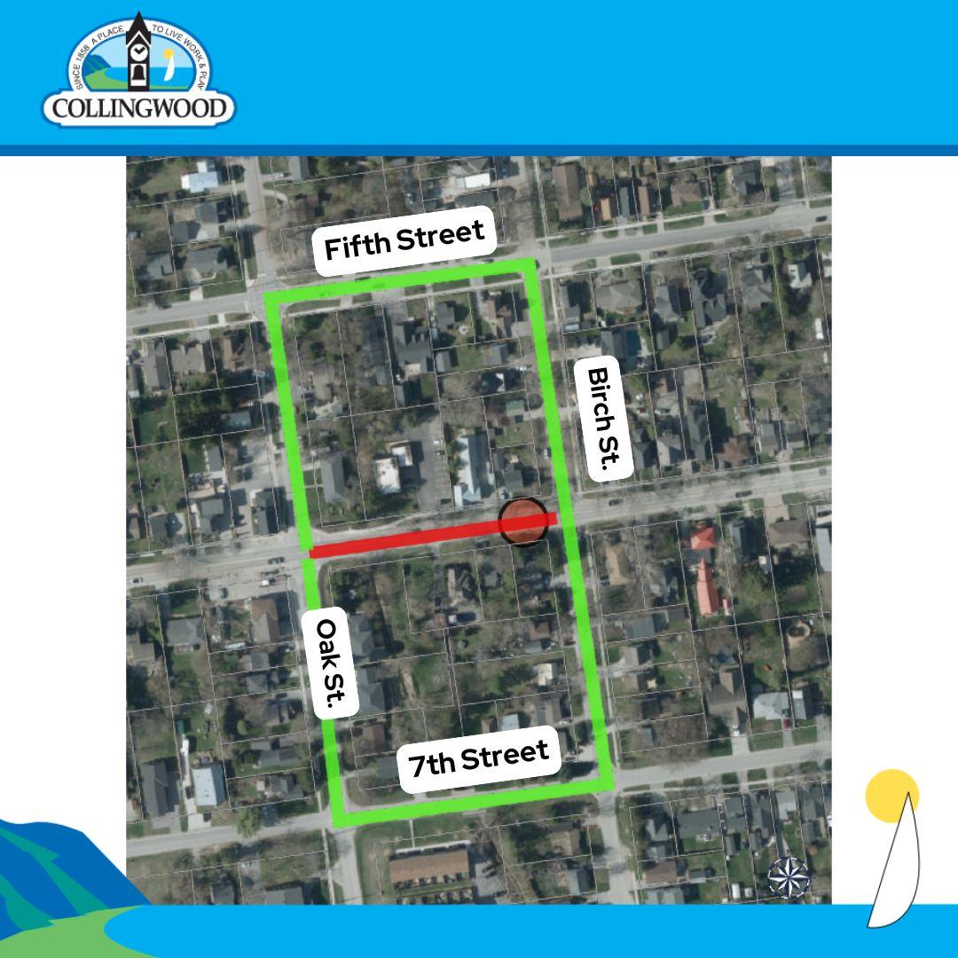 Map showing Sixth Street closed between Oak and Birch