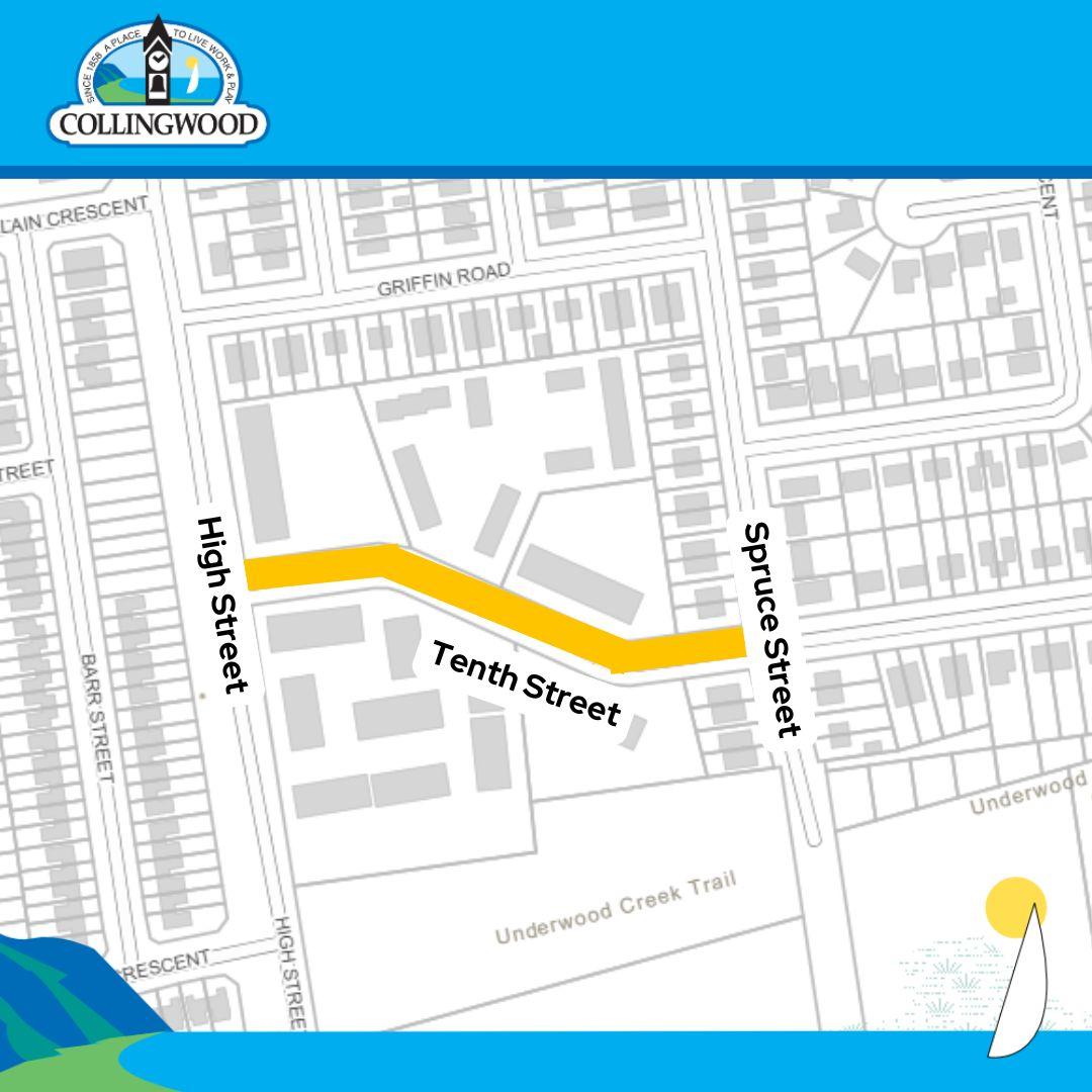 map highlighting Tenth Street from High to Spruce